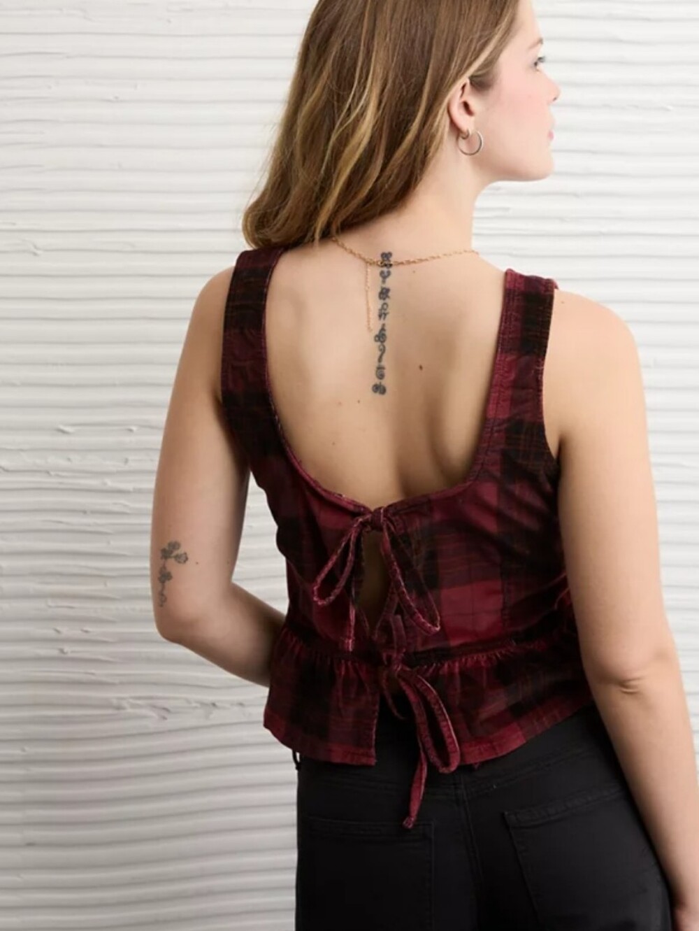 American Eagle Sleeveless Back Bow Peplum Tank Top Red Plaid Velvet Boxy XXL - Picture 2 of 14